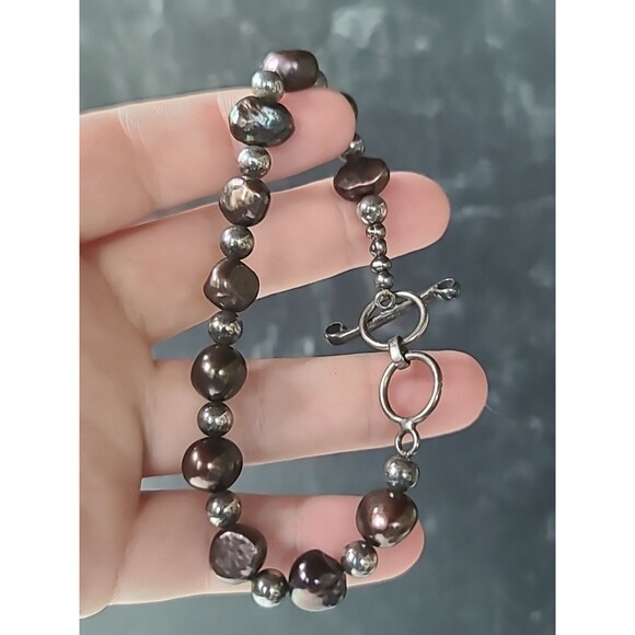 925 Sterling Silver Pearl & Silver Beaded Adjustable Bracelet Vintage - Picture 2 of 10